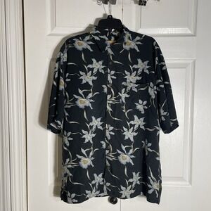 Bobby Chan Shirt Mens Large Blue Floral 100% Silk Hawaiian Loop Collar Button Up